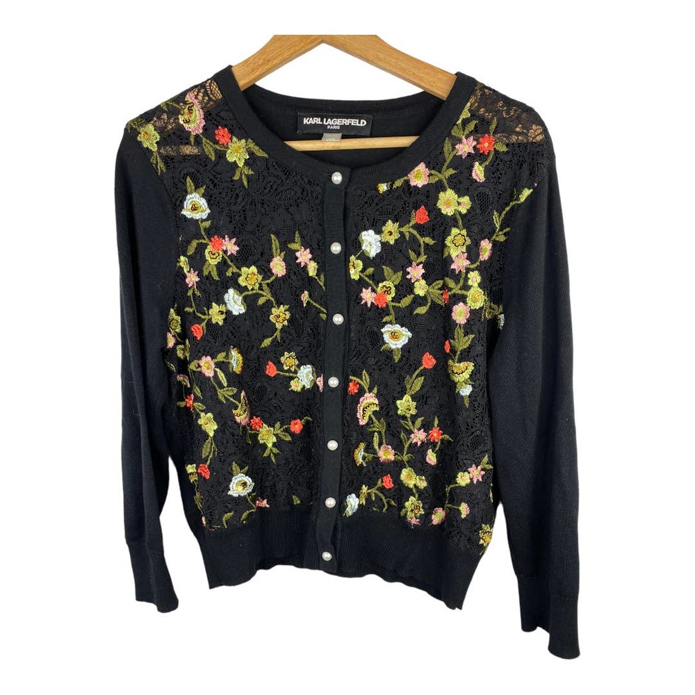 Karl Lagerfeld Lace Embroidered Pearl Button Up Cardigan Sweater Size Large - Picture 2 of 9